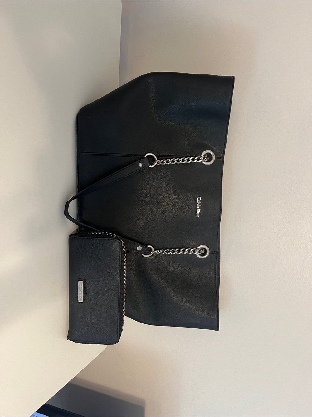 Calvin Klein Black Tote with Silver Chain Handles and wallet